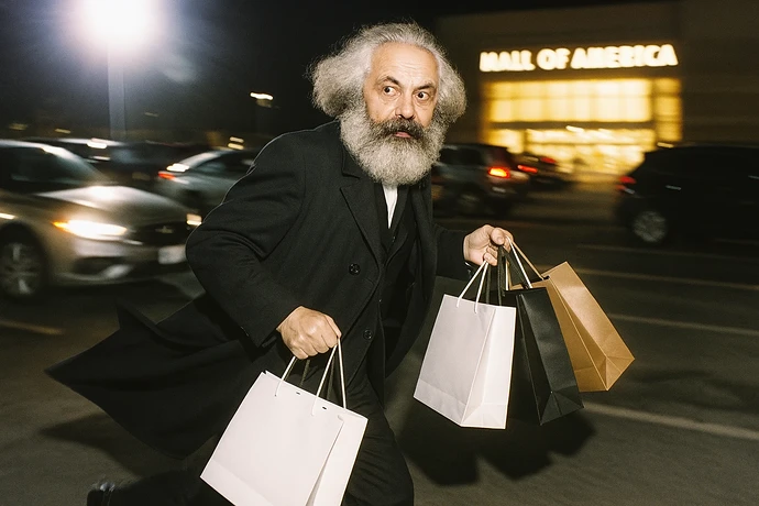 A candid paparazzi-style photo of Karl Marx hurriedly walking through the parking lot of the Mall of America